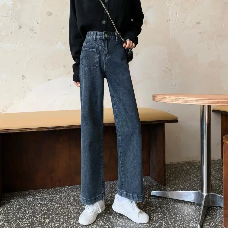 Yüksek Bel Geniş Bacak Pantolon İlkbahar / Yaz Kot kadın Ins Harajuku Tarzı 2023 Yeni Gevşek Dökümlü Sürükle Düz Tüp Öğrenci Z55