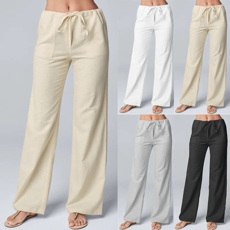 2023 yeni Kadın İpli rahat pantolon Pamuk Keten Beyaz Siyah Haki Nefes Bahar Yaz Düz Pantolon S 4XL