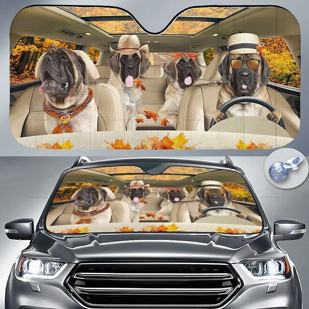 Komik İngilizce Mastiff Aile Sürüş Sonbahar Yaprakları araba güneşliği Cam Pencere, Köpek Sevgilisi için Hediye, araç ön camı Dayanıklı