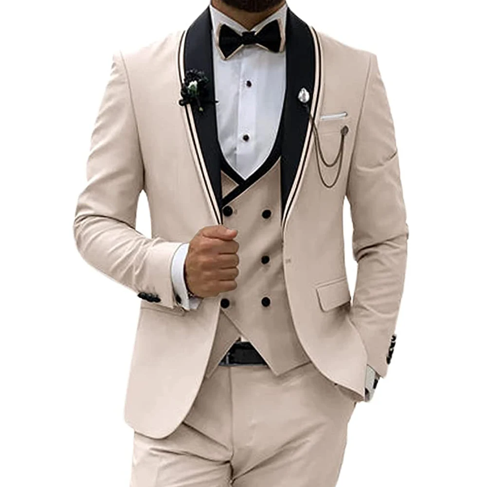 Bej Rahat 3 Parça Erkek Takım Elbise 2023 Damat Smokin Erkekler için Düğün Balo Parti Seti (Ceket + Yelek + Pantolon)