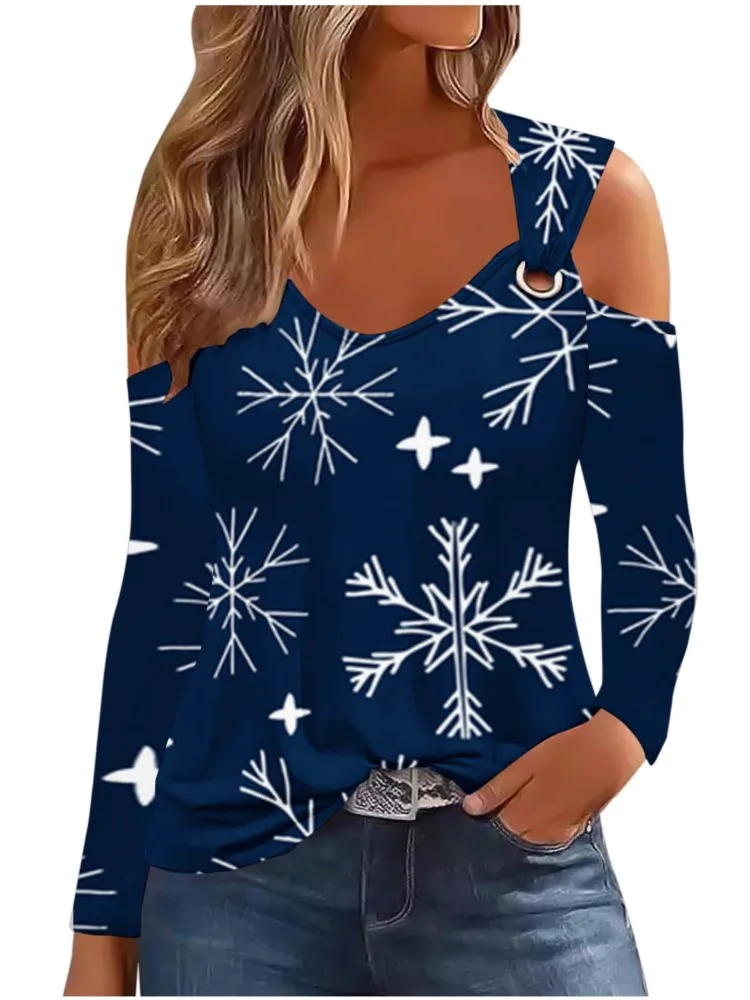 Kadın Üstleri T - Shirt Uzun Kollu Metal Düğme Noel Kar Tanesi Baskı T Shirt Moda Rahat Zarif Üst Tişörtleri Yeni Bahar