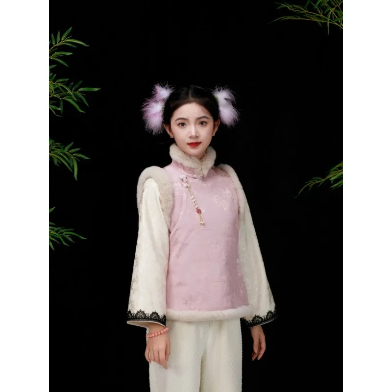 Sonbahar Kış Tatlı Pembe Mor Standı Yaka Kelebek Baskılı Sıcak Tang Takım Elbise Yelek kadın Çin Tarzı Yeni Yıl Giyim 2xl