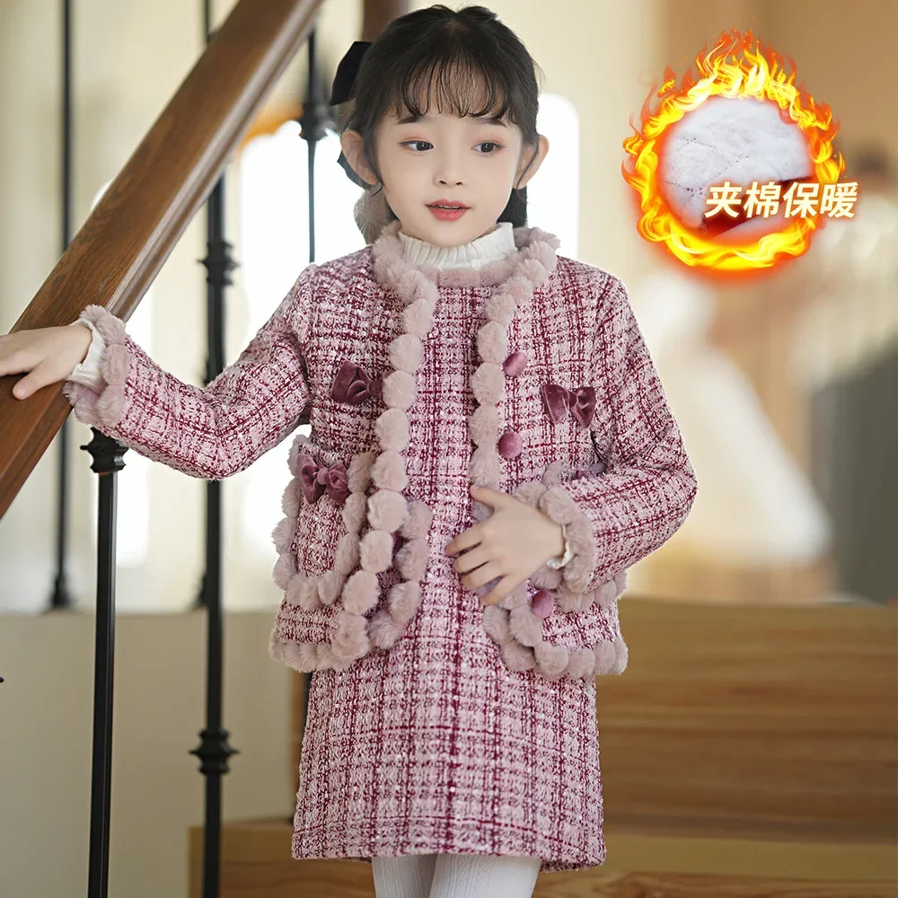 Moda Kuzu Yün Elbise Takım Elbise Bebek fiyonk Tatlı Polar Yastıklı Mont + etek 2 Adet Çocuklar Sıcaklık Kıyafetler Çocuk giyim setleri