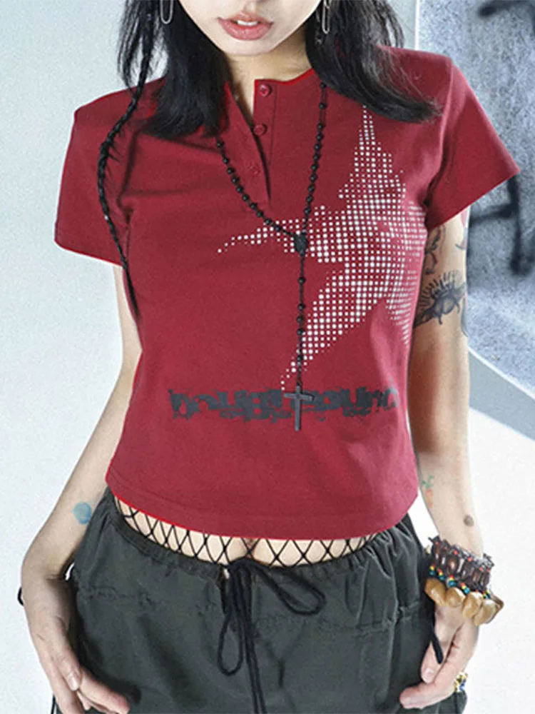 Harajuku Kırpma Üst Japon Tarzı Yıldız Desen Yuvarlak Boyun Kısa Kollu T Shirt Grafik Tee y2k kadın kıyafetleri Streetwear