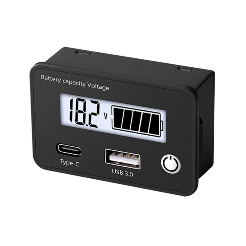Kurşun Asit Lityum Pil Kapasitesi Göstergesi Araba Dijital Voltmetre USB Tip-C Siyah, Beyaz Ekran