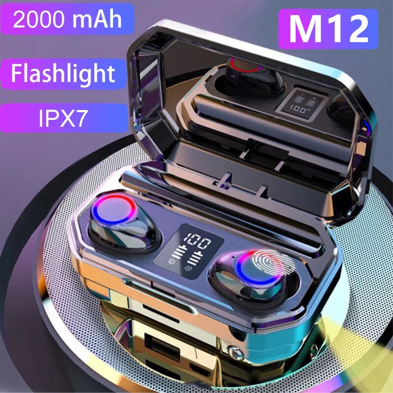 M12 TWS Kulaklık El Feneri Kablosuz Kulaklık 9D Gürültü Azaltma Yeni 5.2 Bluetooth Kulaklık İle LED Güç Göstergesi