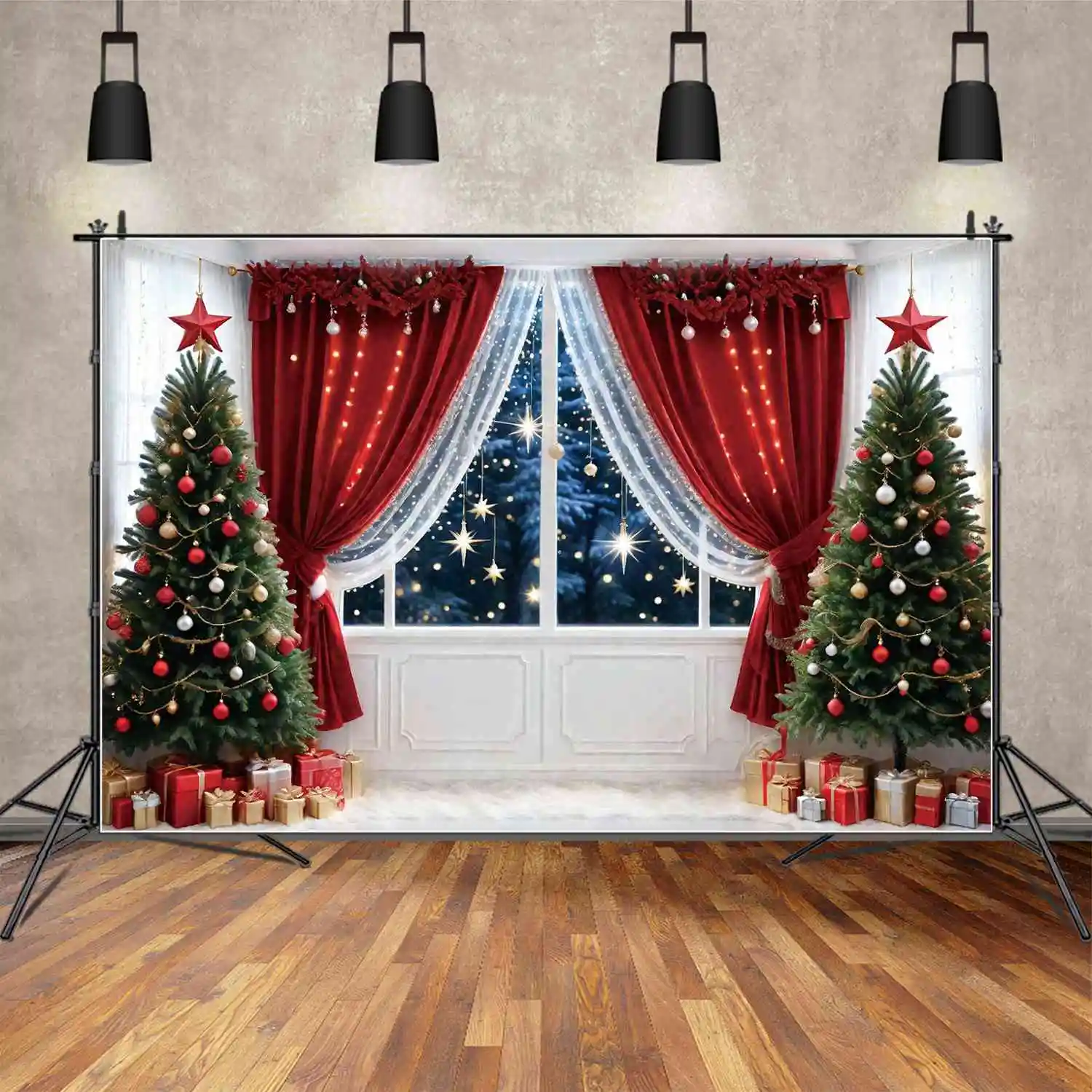 ay.QG Zemin Noel Partisi Ağaçları Ücretsiz Kargo Arka Plan Kırmızı Beyaz Perde Topu Yıldız Dekor Fotoğraf Sahne Ev için