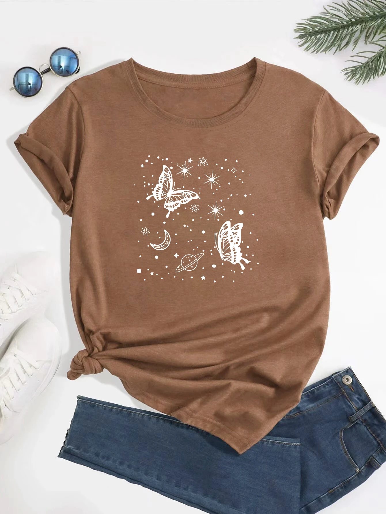 Yıldızlı kelebek Baskı T-Shirt, Ekip Boyun Rahat Kısa Kollu Tees Tops Yaz, kadın Büyük Boy Tee