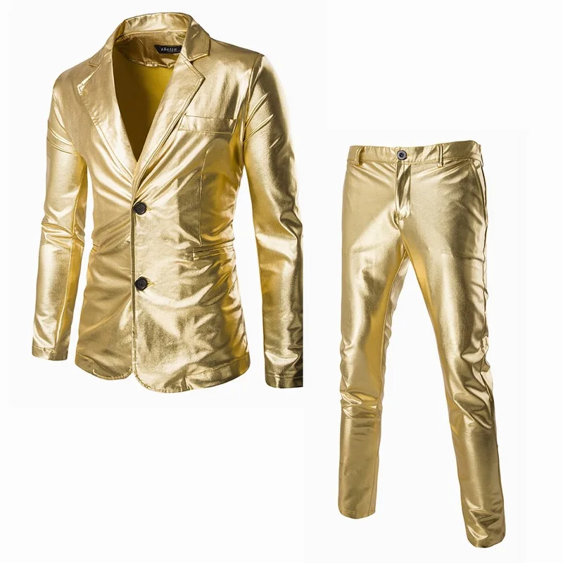 Erkek Parlak Altın 2 Parça Takım Elbise (Blazer + Pantolon) moda Parti Terno Masculino DJ Kulübü Elbise Smokin Takım Elbise Erkekler Sahne Şarkıcı Elbise