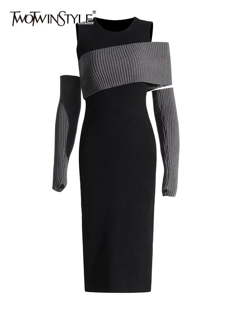 TWOTWINSTYLE Colorblock Zayıflama Örgü Elbiseler Kadınlar İçin Yuvarlak Boyun Uzun Kollu Yüksek Bel Bodycon Elbise Kadın Moda 2023