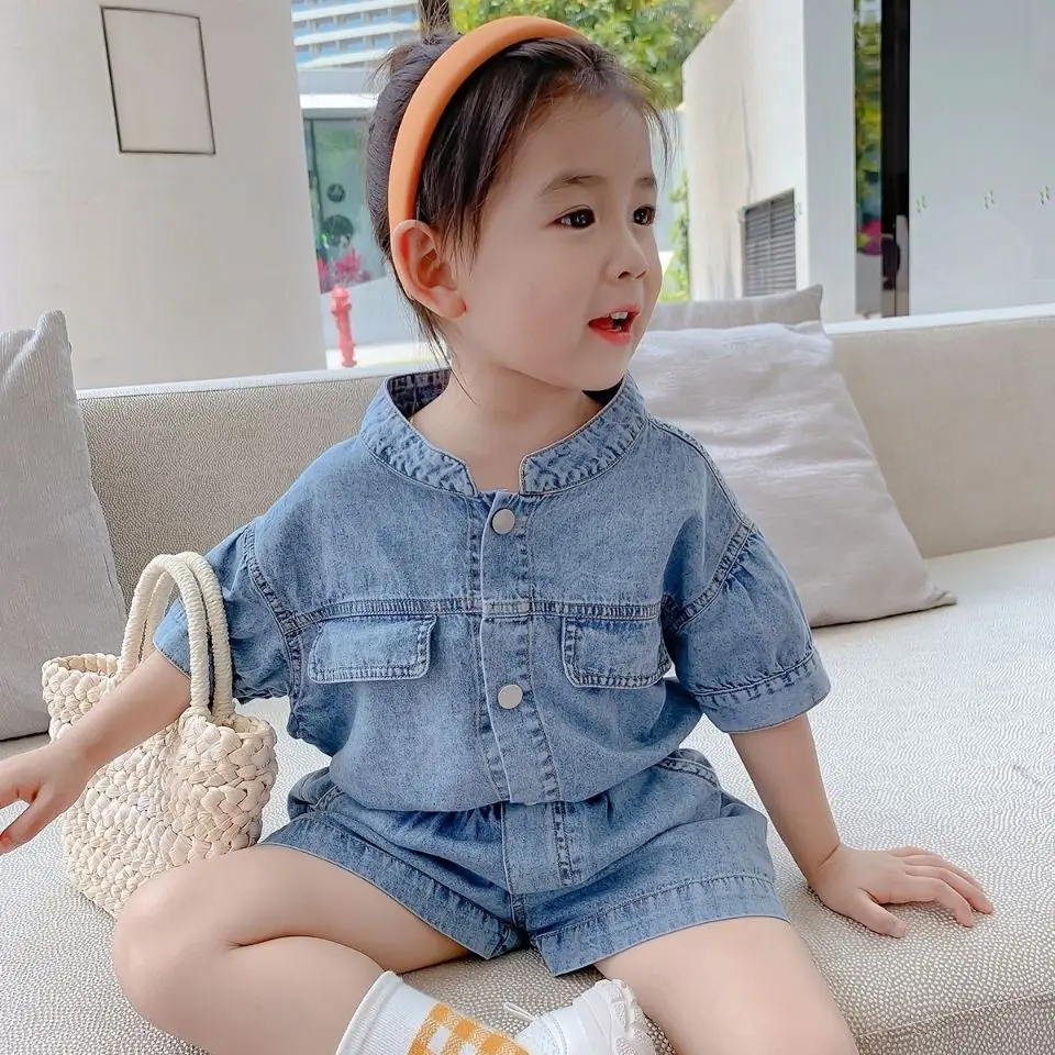 Bahar Yeni Kore Tarzı Çocuk Erkek Kız Denim giyim Seti Çocuk Moda Rahat 2 adet set gömlek + şort çocuk kıyafetleri Takım Elbise