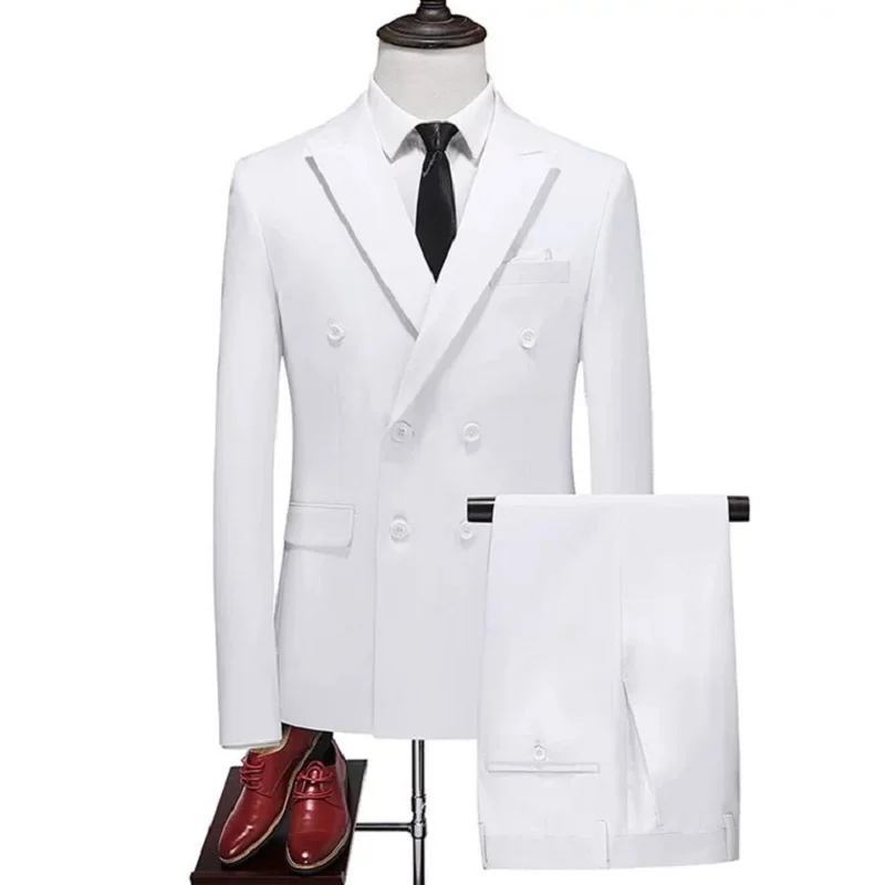 beyaz Tepe Yaka Erkek Takım Elbise Kostüm Balo Masculino Damat Blazer Düğün Smokin Parti (Ceket + Pantolon)