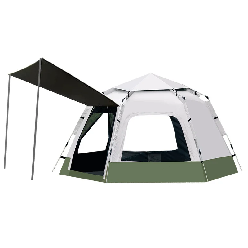 Altıgen çadır açık vinil kalınlaşmış yağmur geçirmez taşınabilir otomatik kamp ekipmanları tam set kamp yemekleri güneş koruyucu