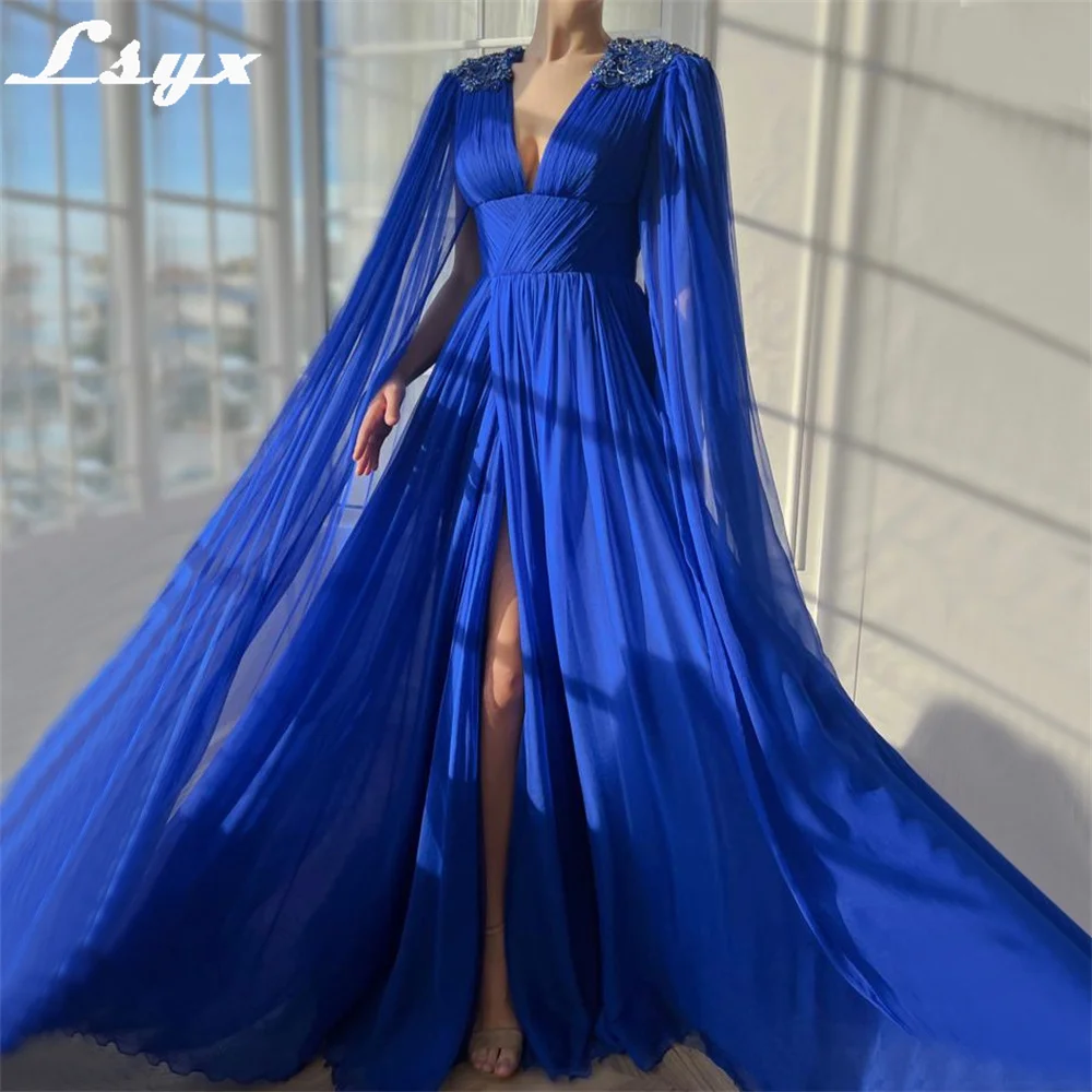 LSYX Şifon Tam Kollu V Boyun gece elbisesi Yüksek Yan Bölünmüş Aplikler A-Line Kat Uzunluk Pileli Backless Balo Elbise