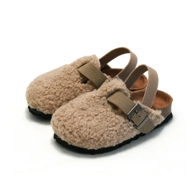 Çocuk Bebek Erkek Kız Sıcak Bulanık Terlik Peluş Sandalet Mantar Faux Kürk Flats Toddler Prewalker Terlik Elastik Geri Kayış