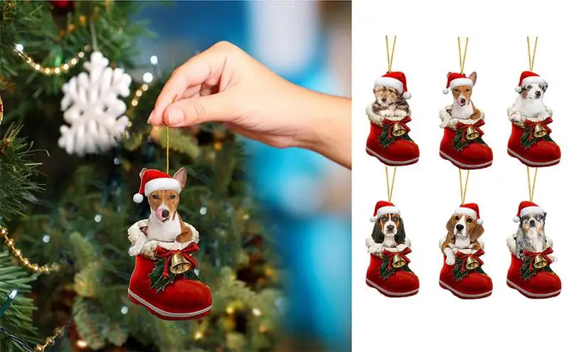 Santa Köpekler Ağacı 6 Adet Akrilik Noel Ağacı Kolye Köpek Görüntü köpek çorapları Noel Ağacı Dekorasyon aksesuarları