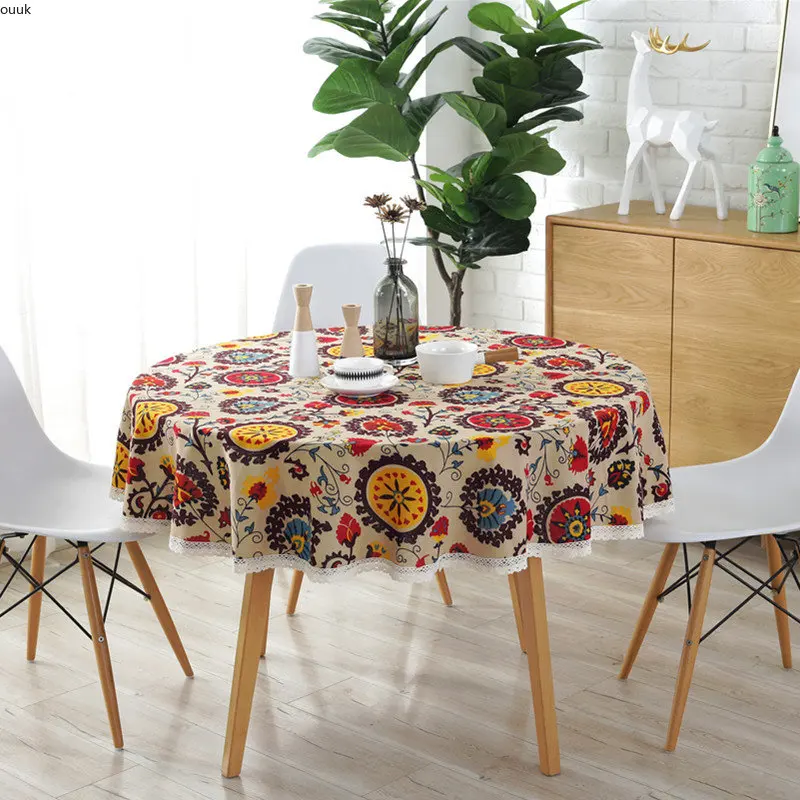 Bohem etnik tarzı yuvarlak dantel masa örtüsü pamuk baskılı otel dekorasyon masa örtüsü masa örtüsü kapak Renkli masa örtüsü