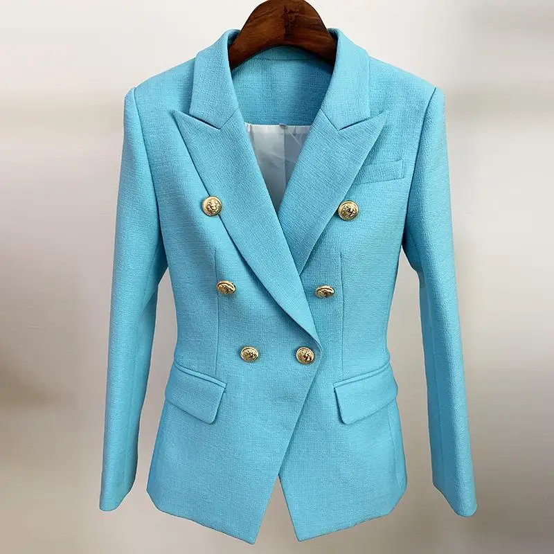 YÜKSEK SOKAK Yeni 2024 Pist Tasarımcı Blazer kadın Klasik Aslan Düğmeler Kruvaze Slim Fit Blazer Ceket