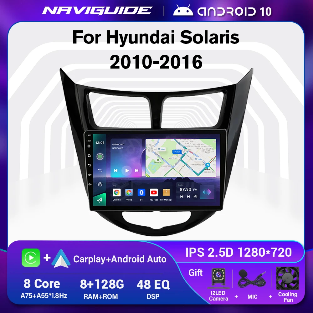 NAVİGUİDE Android 10.0 2 DİN Araba Radyo Hyundai Solaris İçin 1 2010-2016 Multimedya Video Oynatıcı GPS Navigasyon Carplay Araba Ses