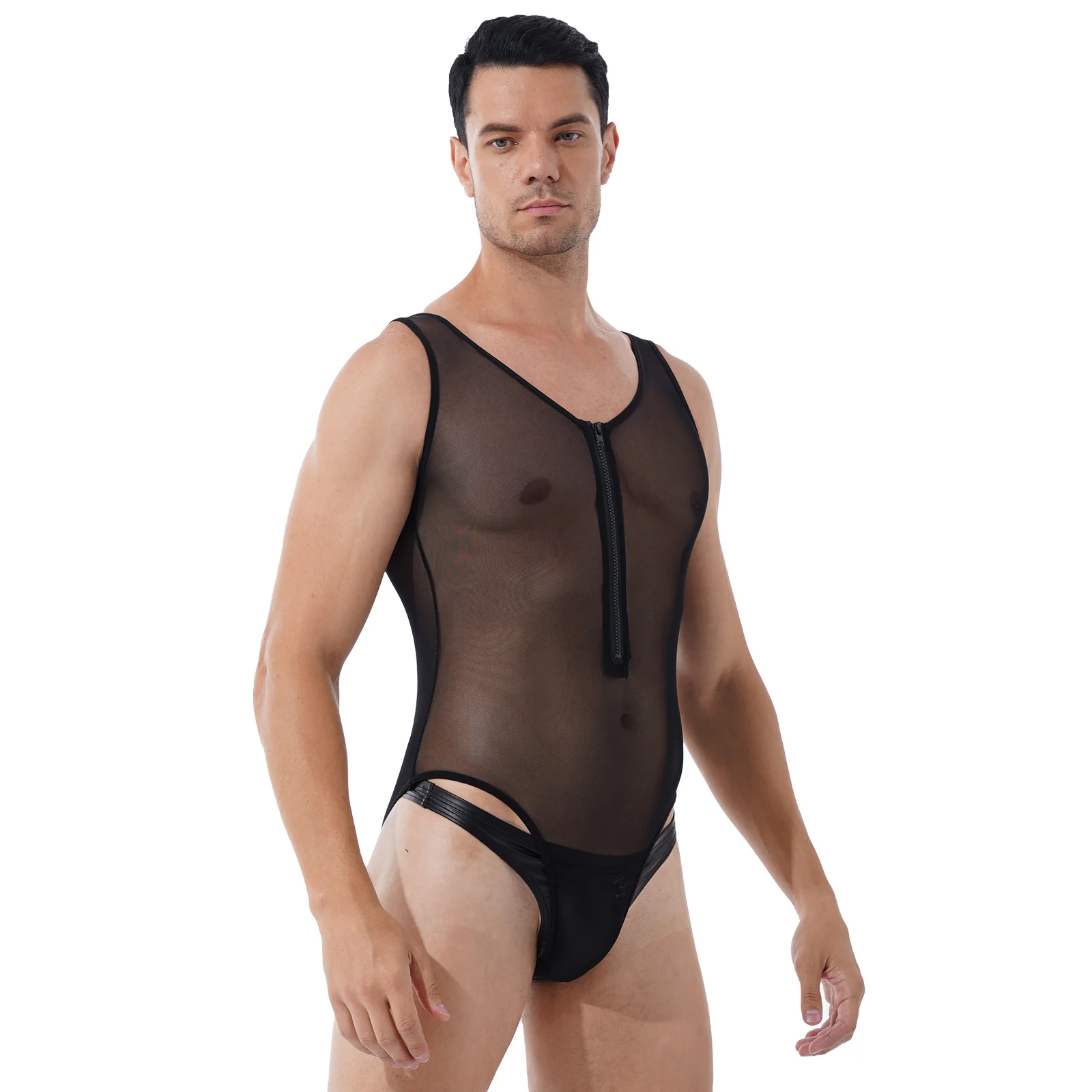 Erkek İç Çamaşırı Yüksek Kesim Oyuncak Bodysuit Ön Fermuarlı tam örgü Kostüm Derin U Yaka Kolsuz See Through Bodysuit İç Çamaşırı