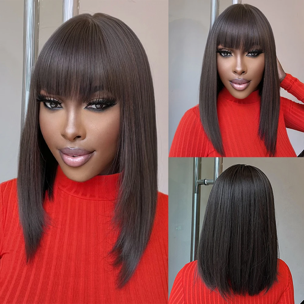 Kahverengi Orta Uzunlukta Düz sentetik peruk Kadınlar için Afro Günlük Kullanım Doğal Saç Kısa Katmanlı kahküllü peruk İsıya Dayanıklı