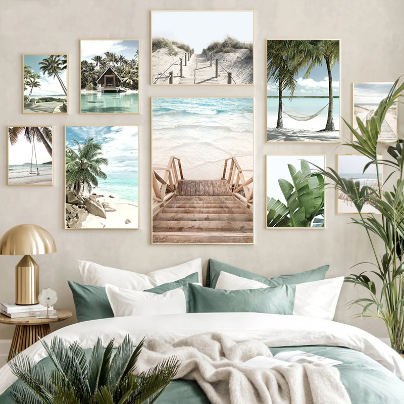 Tropikal Plaj Okyanus Palmiye Ağacı Muz Yaprakları Tuval Poster Tatil Dağ Evi Merdiven Baskı Resim Yaz Deniz Manzarası Ev Boyama