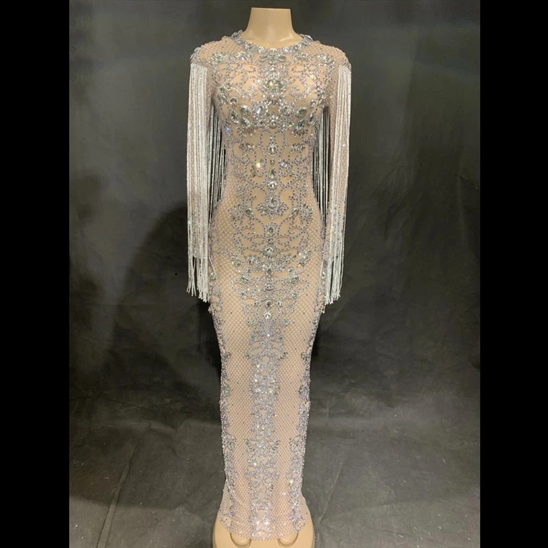 Örgü Perspektif Işıltılı Kristaller uzun elbise Akşam Parti Rhinestones Doğum Günü Kutlamak Kostüm Saçaklar Elbiseler