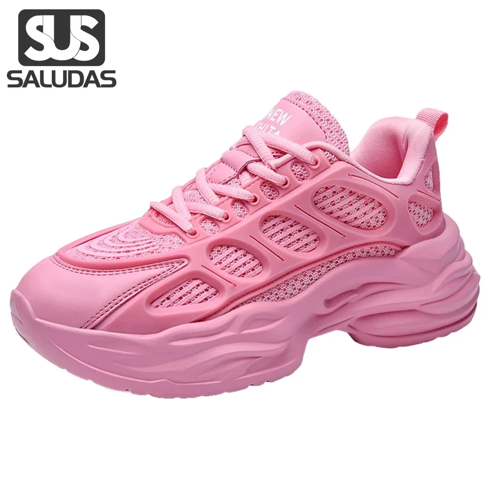 SALUDAS Bayanlar spor ayakkabı Moda Pembe Sneakers Kalın Alt Rahat koşu ayakkabıları Kauçuk Sert Aşınma Kaymaz Erkekler koşu ayakkabıları