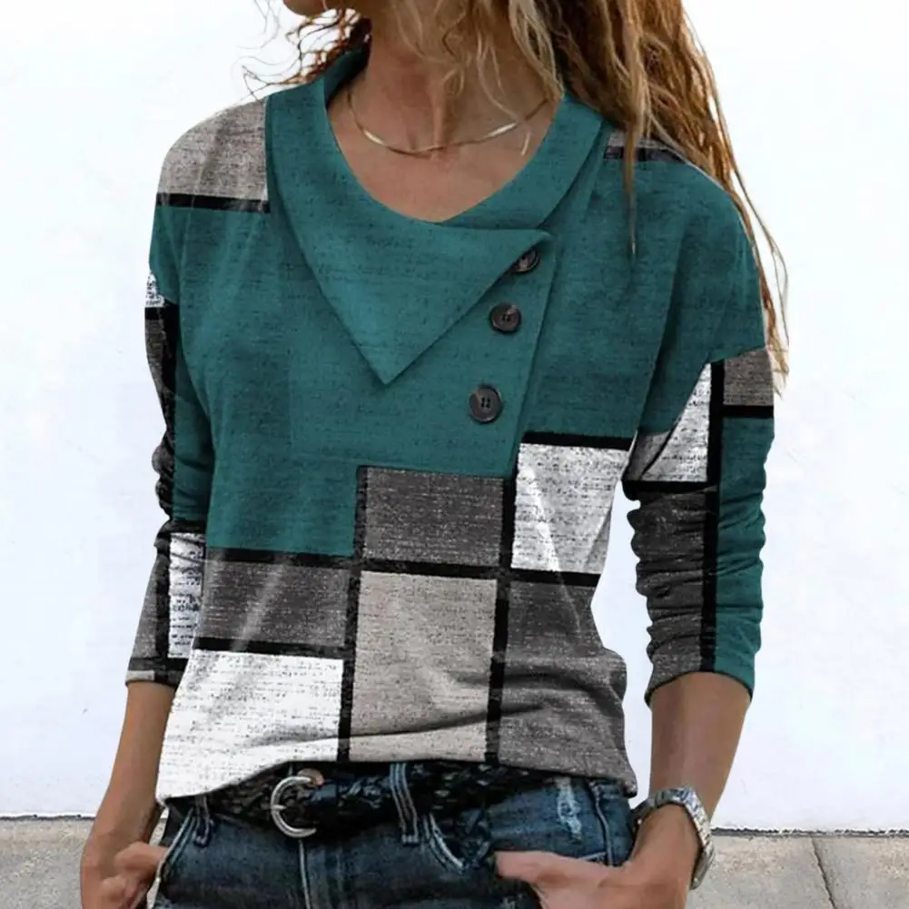 Anti-boncuklanma ilkbahar sonbahar Vintage geometrik ekose baskı kadın T-shirt kadın giyim giydir