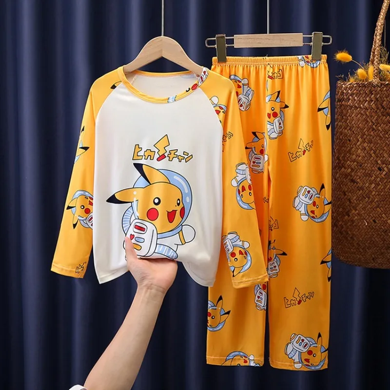 Pokemon Pikachu çocuk Pijama Uzun kollu İnce Kesit Unisex Pijama Karikatür Baskı Öğrenci Ev Hizmeti Takım Elbise