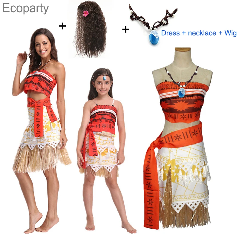 Yetişkin Çocuklar Cosplay Vaiana Moana Prenses Kostüm Kolye Peruk Kız Cadılar Bayramı Partisi Moana Elbise Cosplay süslü Elbise30