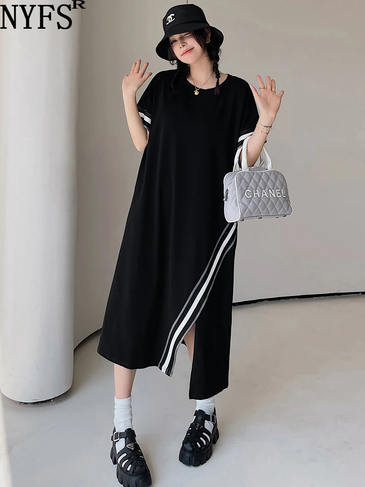 NYFS 2023 Yaz Yeni Kore Kadın Elbise Vestidos Robe Elbise Gevşek Artı Boyutu Kısa Kollu Yarık Patchwork Dokuma Uzun Elbiseler