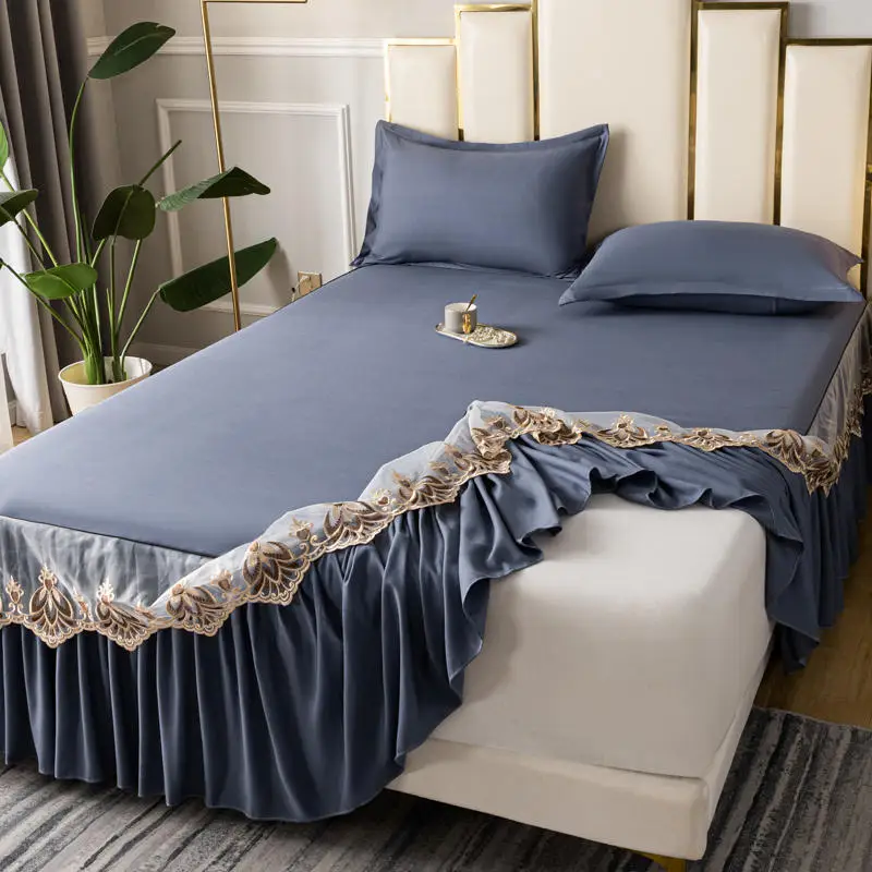 Missdeer 1 adet Yatak Etek Dantel Nakışlı Bedskirt Düz Renk Ev Dekoratif çarşaf Tek / Kraliçe / Kral Yatak Etek