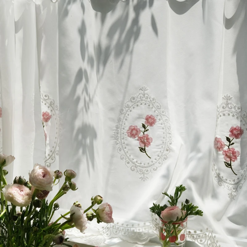 Romantik Kısa Perdeler Mutfak Banyo Dolabı, Beyaz Çiçek Nakış Tül, Zarif Sırf Perde, pencere dekorasyonu