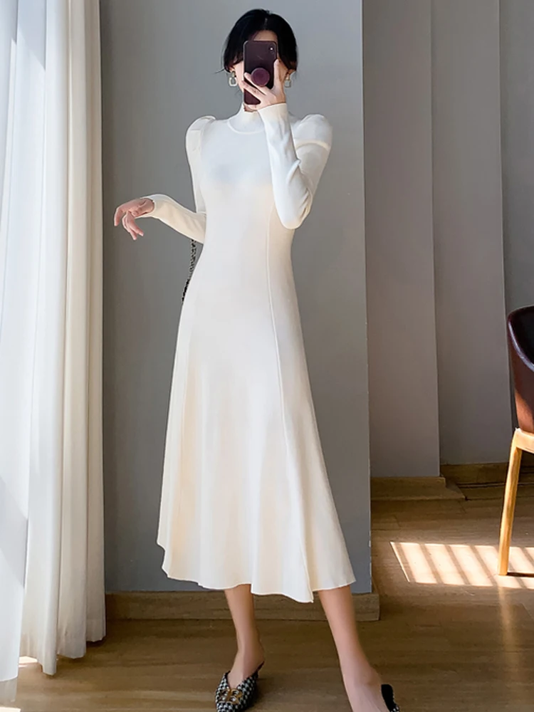 Mizaç Şık Kadın Yarım Yüksek Yaka Kazak Elbise Yeni Sonbahar Katı Yumuşak Örgü Tam Kollu Bir Çizgi uzun elbise Vestidos