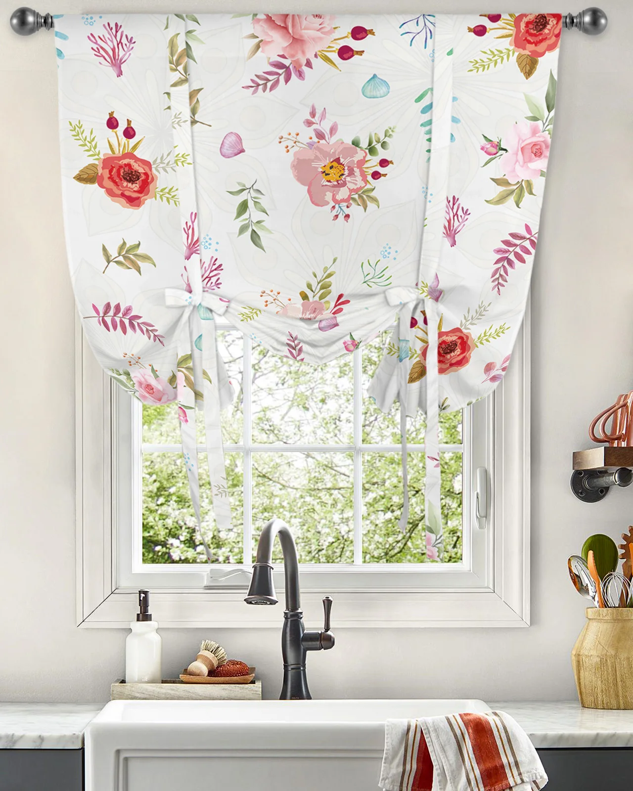 Çiçekler Yapraklar Daire Perdeleri Oturma Odası Yatak Odası için Modern Kravat Pencere Perde Mutfak Kısa Perde