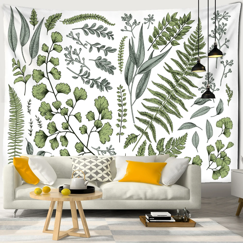 Yeşil yapraklı bitki görüntüleri Bohem tarzı doğal minimalist oturma odası estetik duvar asılı ev dekorasyon goblen