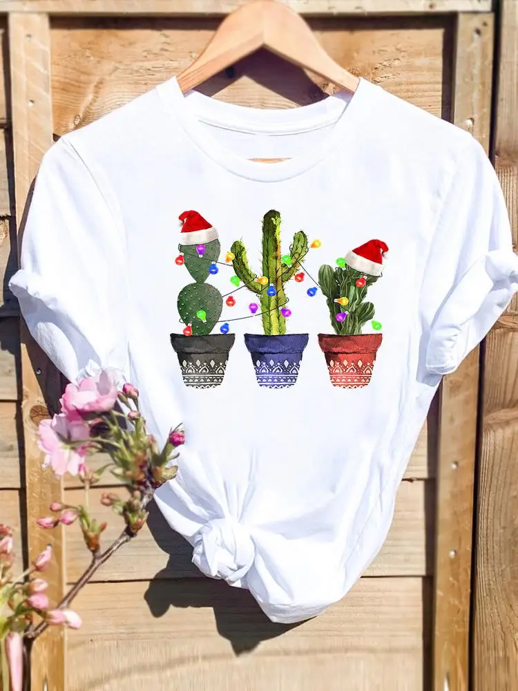 Kaktüs Bitki Trend Sevimli Merry Christmas Yeni Yıl Tatil Grafik Tee Moda Kadın Baskı T Üst Kadın Gömlek Giyim T-Shirt