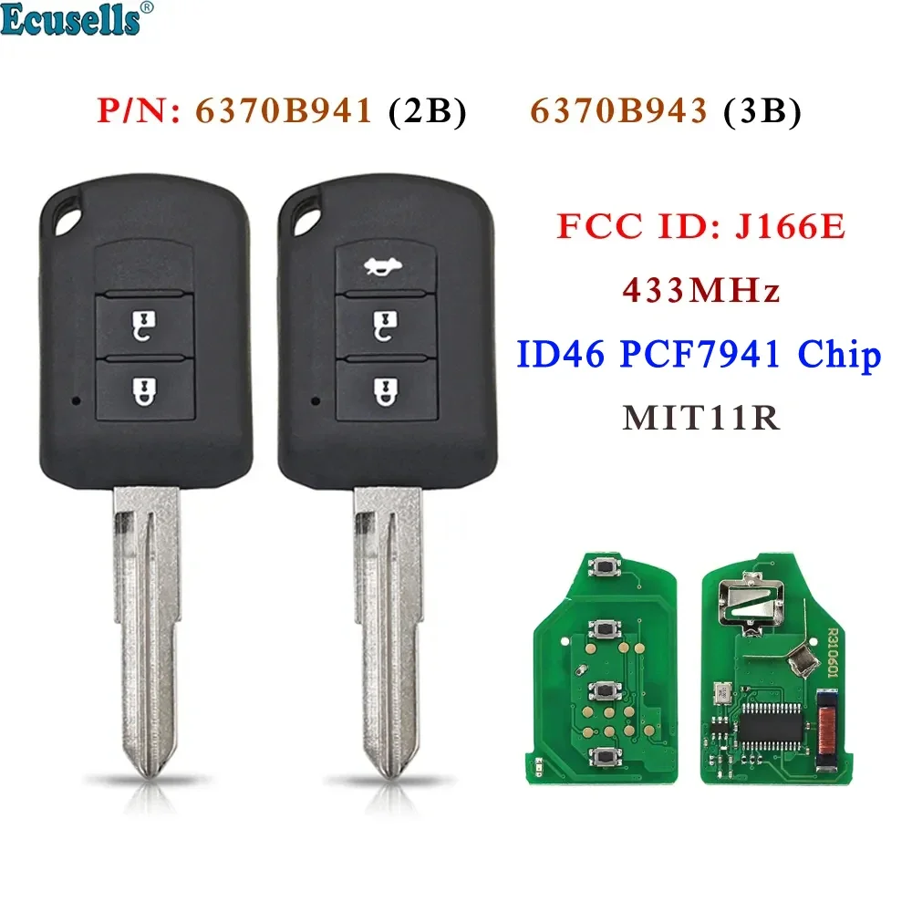 Ecusells 2/3 düğmeli uzak anahtar 433 MHz ID46 PCF7941 Çip Mitsubishi Lancer Mirage Outlander ASX FCC: J166E 6370B943 / 6370941