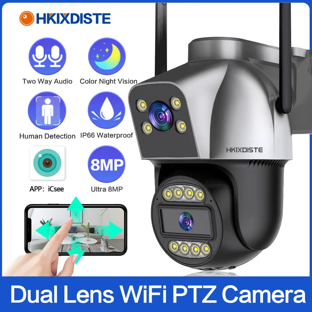 8MP ıCSee Wifi Kamera 4K Açık Çift lens Çift Ekran Aı İnsan Algılama Otomatik izleme Güvenlik Koruma IP Wifi Gözetim