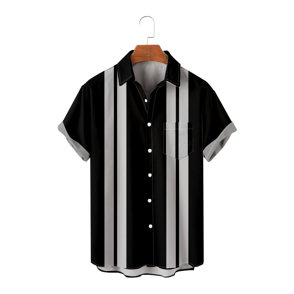 Erkek rahat siyah gömlek Patchwork çizgili kısa kollu gömlek Serin Yaz Üstleri Vintage Nefes