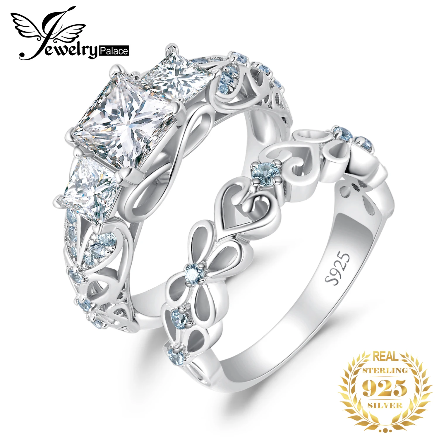 JewelryPalace Yeni 2 Adet 925 Ayar Gümüş Düğün Nişan Yüzüğü Kadın Çiçek 2.3 ct Simüle Elmas AAAAA CZ Gelin Seti