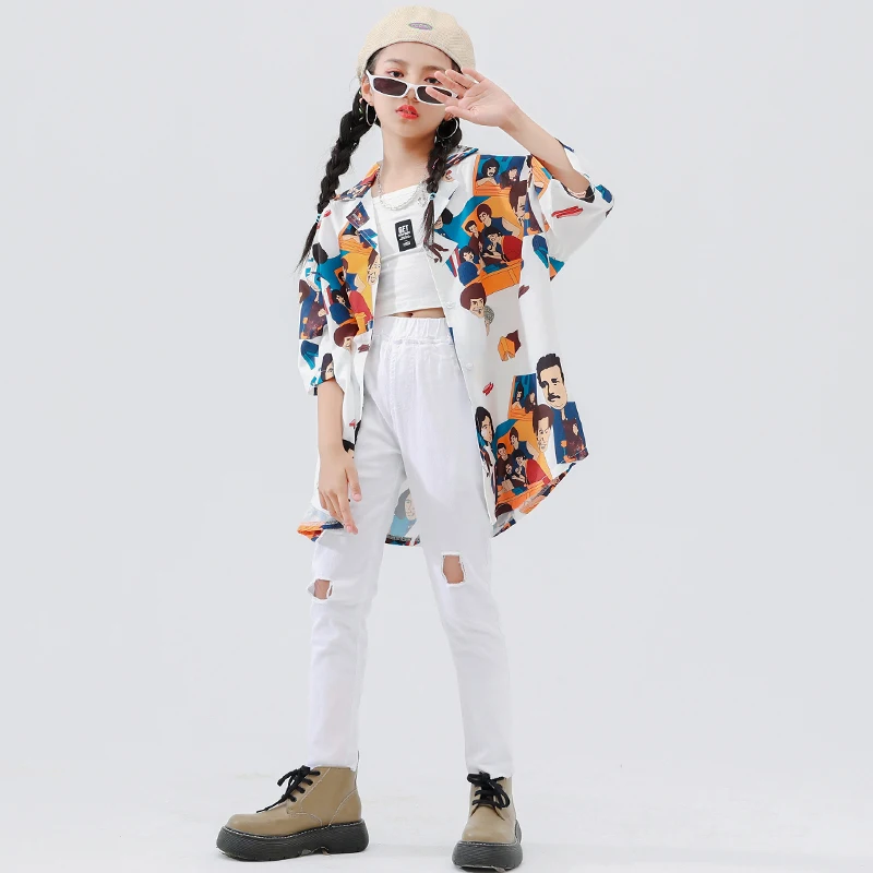 Beyaz Pantolon Kızlar için Caz Rapçi dans kostümü Genç Giysileri Çocuklar Konser Hip Hop Giyim Baskı Gömlek Üst Rahat Sokak Giyim