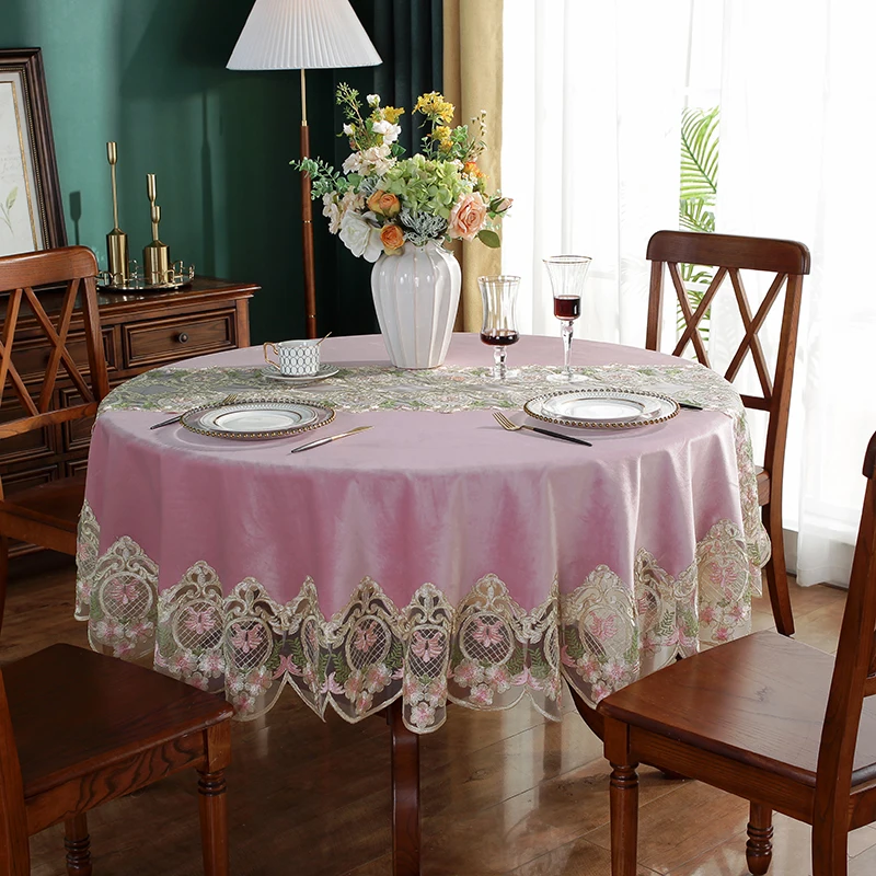 Yuvarlak Masa örtüsü Pembe Altın Kadife Masa Örtüsü Yemek Masa Örtüsü Ev Nakış Dantel Masa Örtüleri Yumuşak Ev Havlu tozluk
