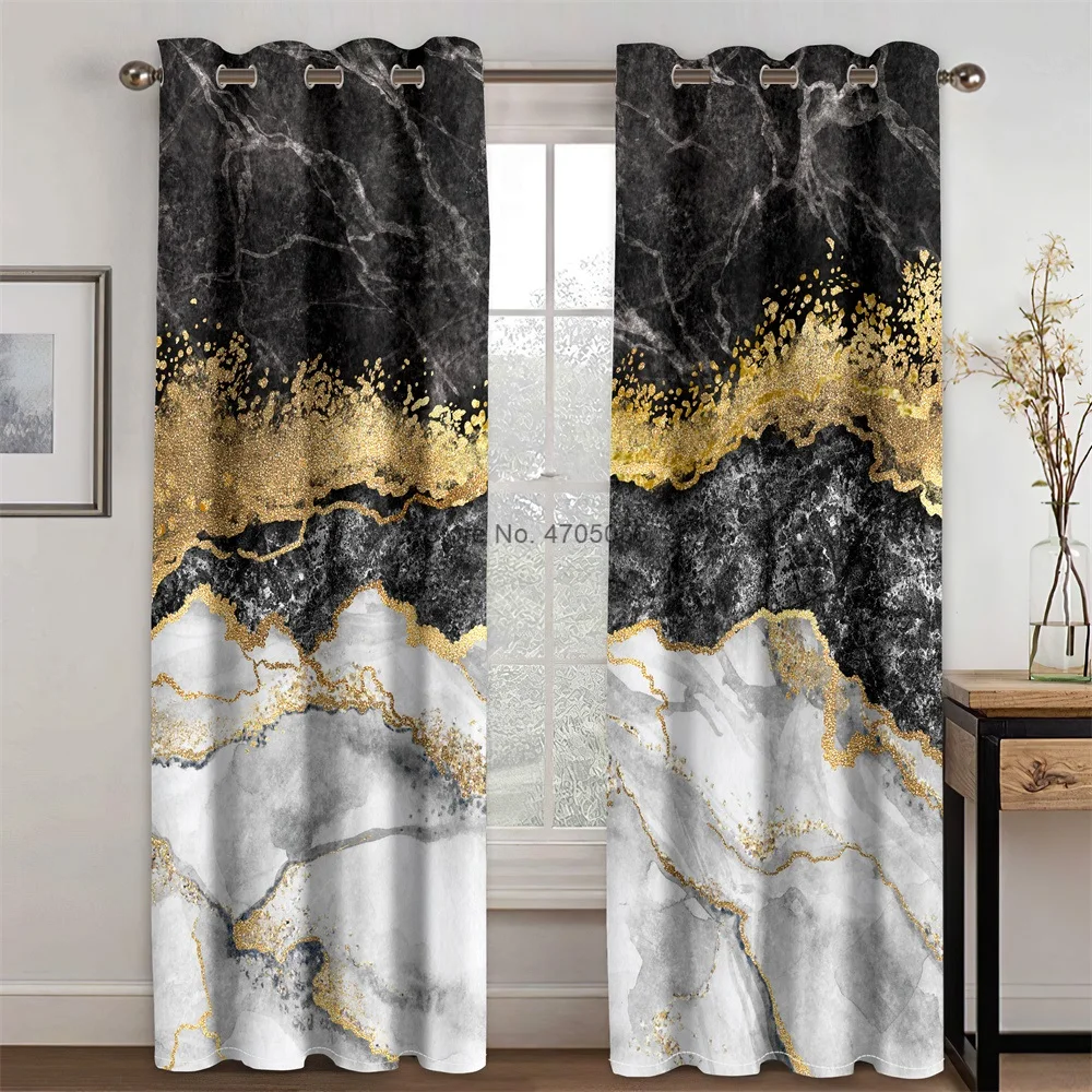 3D Modern Klasik Altın Siyah Mermer Desen 2 Panel Gölgeleme Polyester Pencere Perdeleri Yatak Odası Oturma Odası için Ev Dekor 273x280