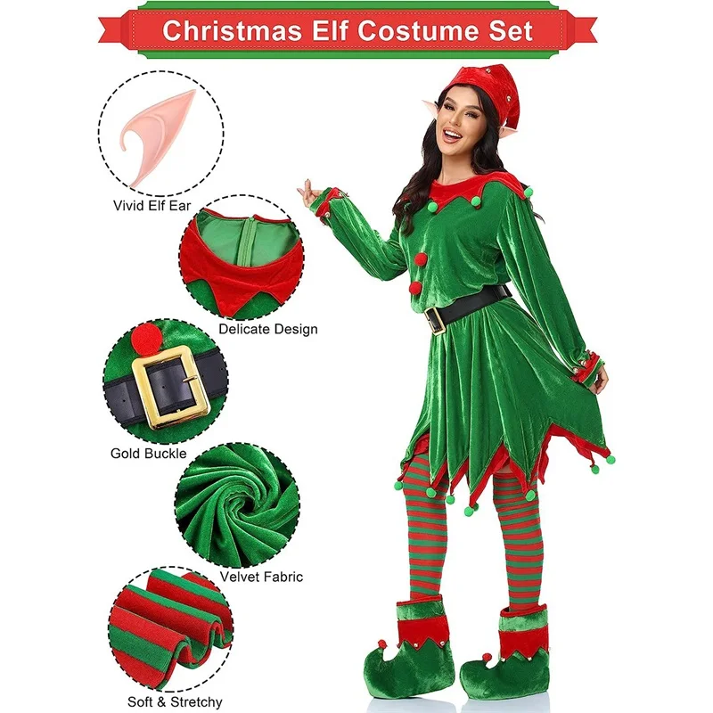 Kadın Kız Elf Kıyafetler Noel Şapka Çizme kemerli elbise Çorap Kostüm Elf Cosplay Kıyafetler Temalı Parti için