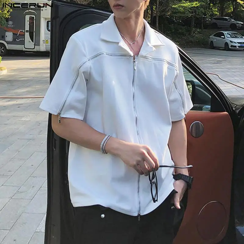 INCERUN Üstleri 2023 Kore Tarzı Yeni Erkek Fermuar Tasarım Gevşek Katı Bluz Rahat Rahat Erkek Kısa Kollu Yaka Gömlek S-5XL