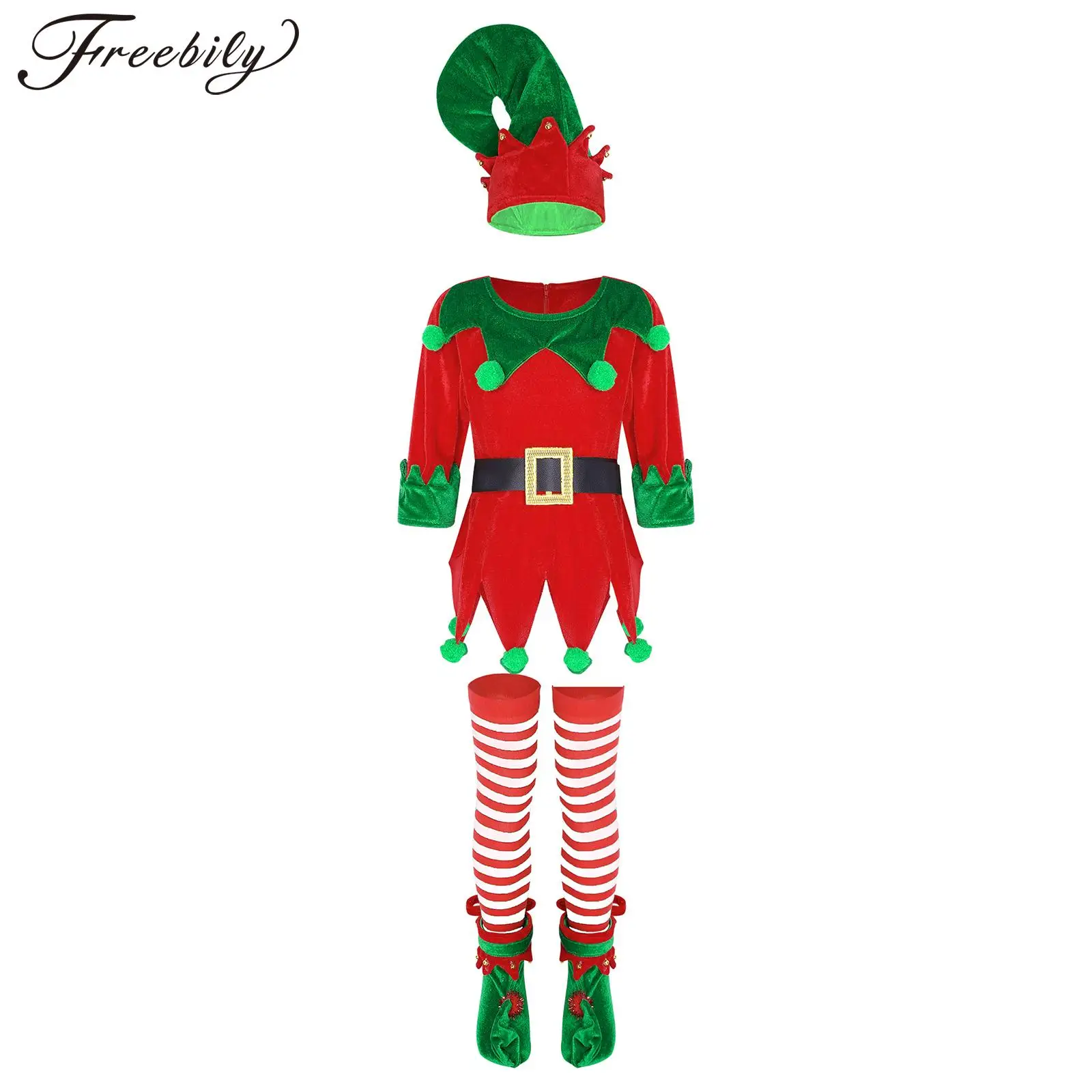 Çocuk Kız Noel Elf Cosplay Kostüm Uzun Kollu Elbise Kemer Şapka Çorap Ayakkabı Noel Yeni Yıl Partisi Maskeli Balo Kıyafetleri