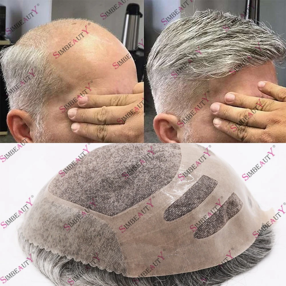 Dayanıklı NPU Bond İnsan Saçı erkek peruğu İnce Mono Gri Saç Protezi 8x10 İnç Taban Doğal Saç Çizgisi Kılcal Sistemi