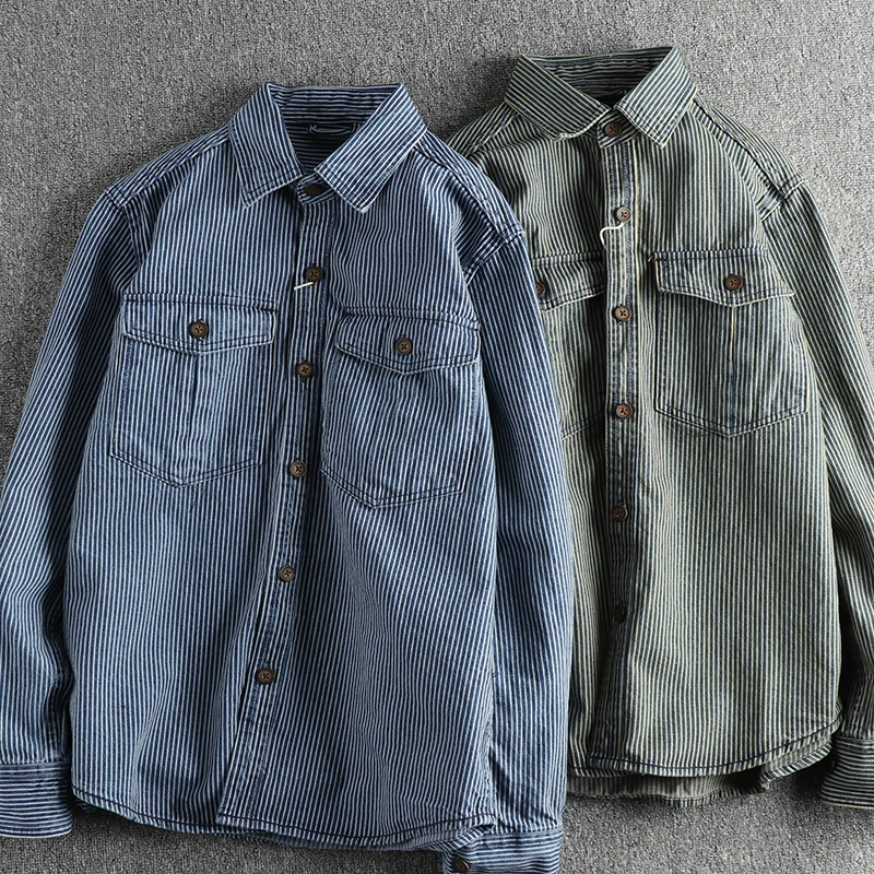 Sonbahar Yeni Amerikan Retro Uzun Kollu Yaka Denim Çizgili Kargo Gömlek erkek Basit %100 % Pamuk Yıkanmış Eski Rahat Bluzlar ceket